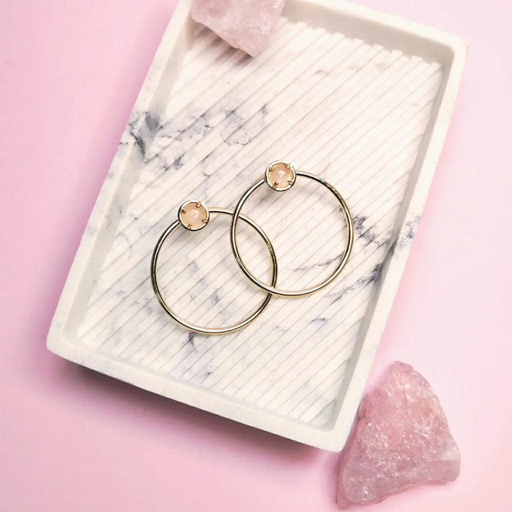 Rose quartz golden hoops. Handmade